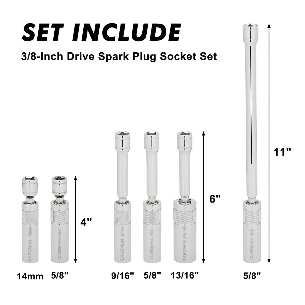 6-Piece 3/8" Drive Spark Plug Socket Set – Magnetic Swivel Design, Thin-Wall 12-Point CR-V Steel