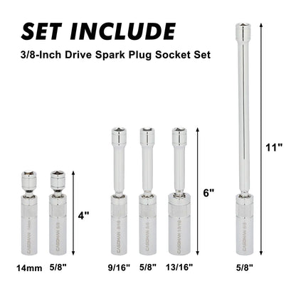 6-Piece 3/8" Drive Spark Plug Socket Set – Magnetic Swivel Design, Thin-Wall 12-Point CR-V Steel