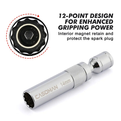 6-Piece 3/8" Drive Spark Plug Socket Set – Magnetic Swivel Design, Thin-Wall 12-Point CR-V Steel